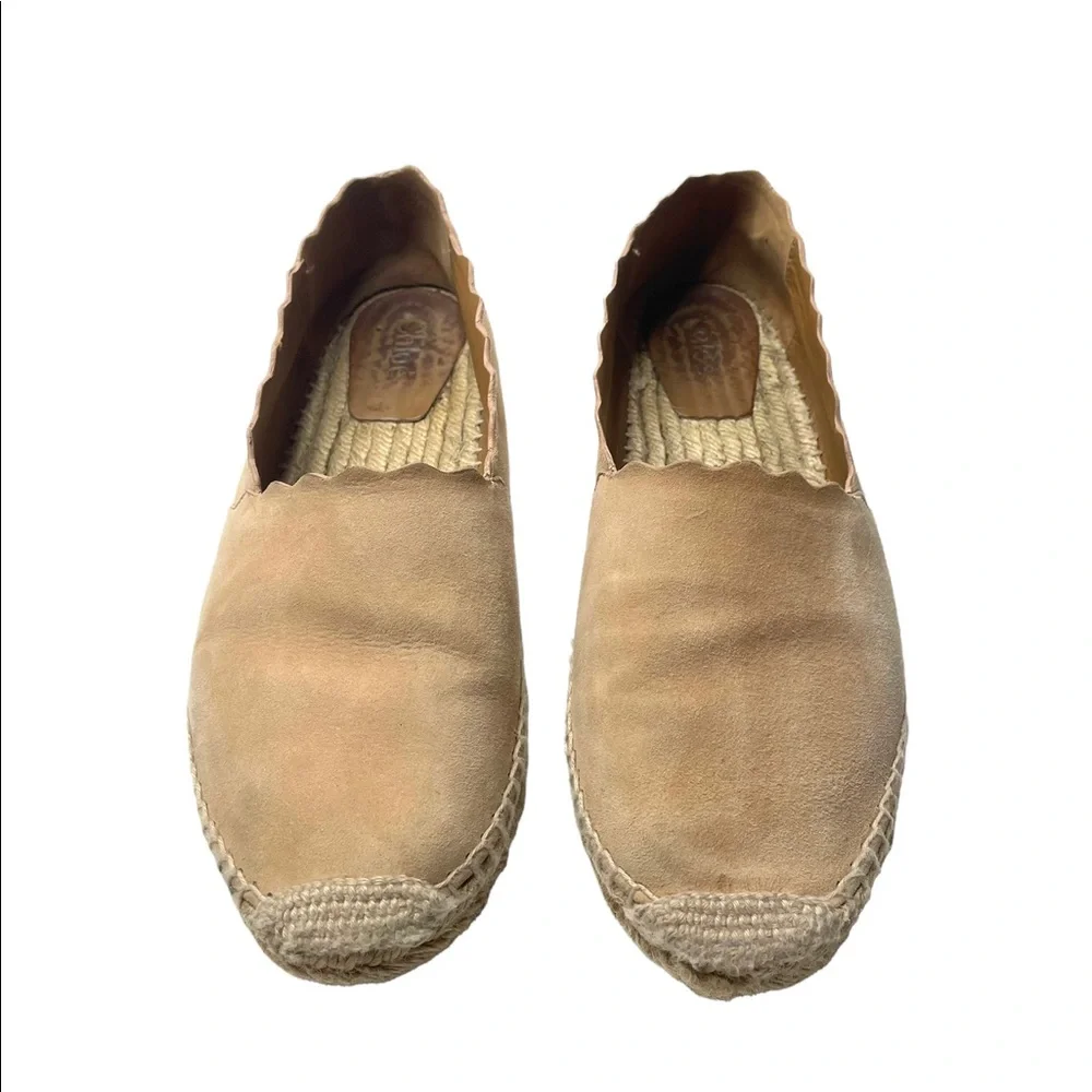 Chloe | Lauren Suede Espadrille Scalloped Flats in Neutral Beige 38